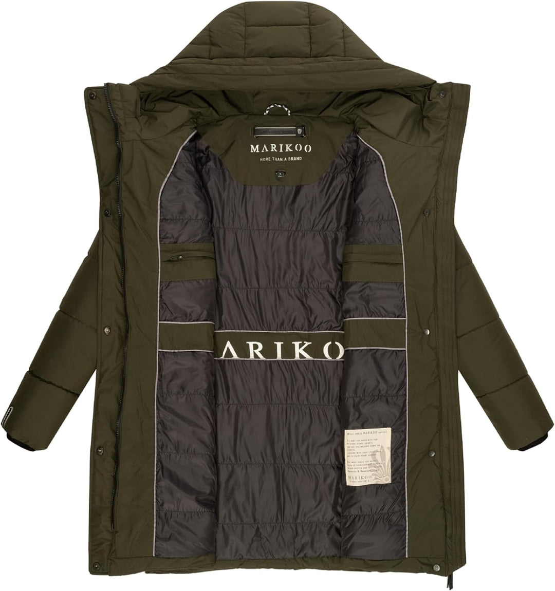 MARIKOO Damen Wintermantel Warmer Steppmantel lang mit Kapuze und hohem Kragen Karumikoo XVI XS-3XL