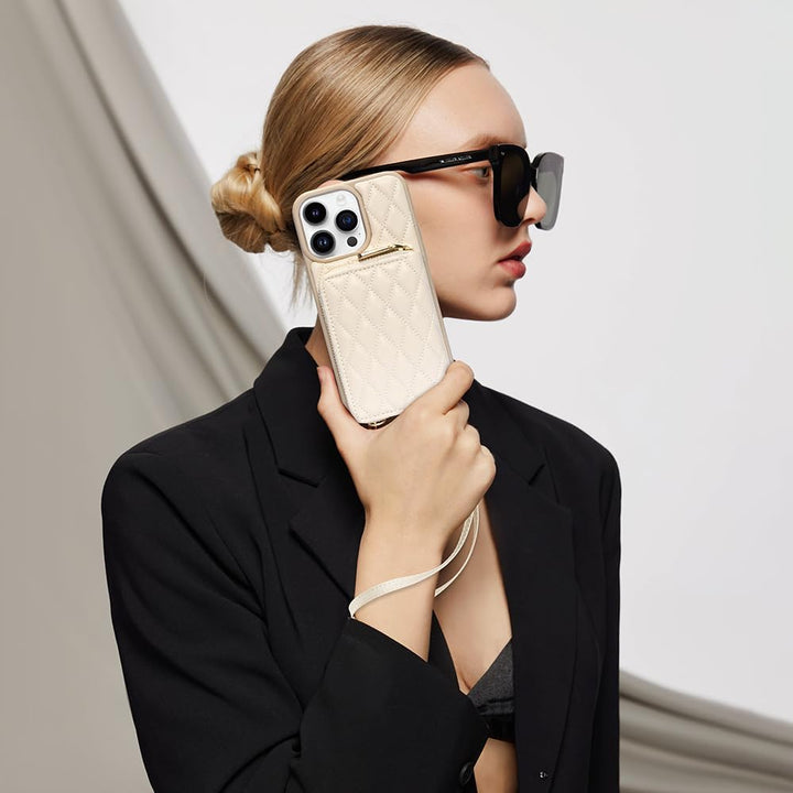 CUSTYPE für iPhone 15 Pro Hülle mit Band, Geldbörse Hülle aus Mikrofaserleder, Handykette Hülle für