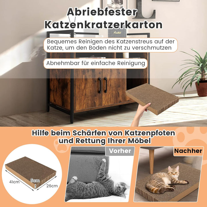 COSTWAY Katzenschrank Katzentoilette mit Doppeltüren & Kratzunterlage, Katzenhaus mit offenem Regal