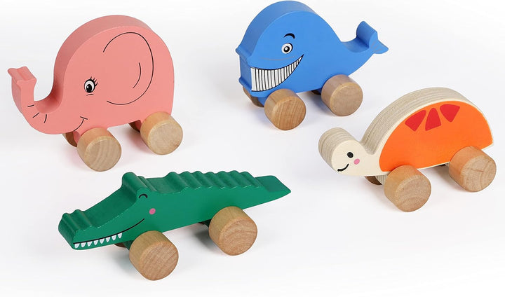 TOWO Holzautos für Kleinkinder – Tiere auf Rädern – Fahrzeuge, sensorisches Greifmotorik-Spielzeug –