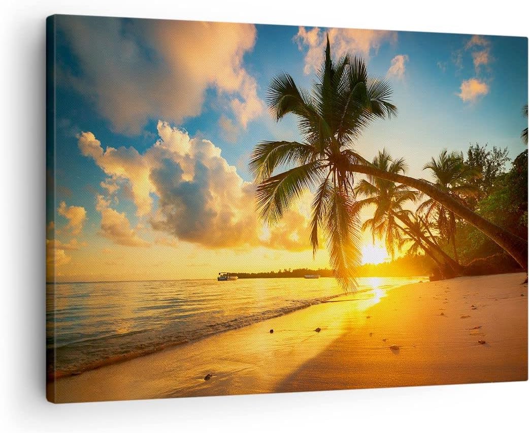 Bilder auf Leinwand Meer Strand Palme Leinwandbild mit Rahmen 70x50cm Wandbilder Dekoration Wohnzimm