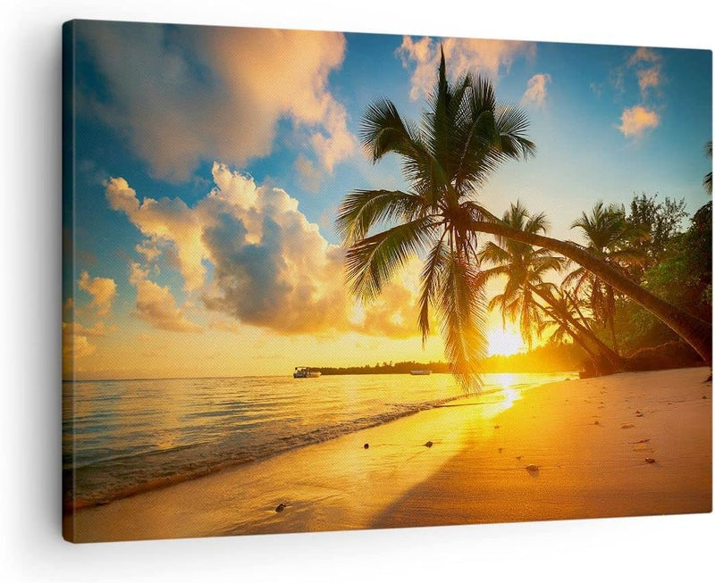 Bilder auf Leinwand Meer Strand Palme Leinwandbild mit Rahmen 70x50cm Wandbilder Dekoration Wohnzimm