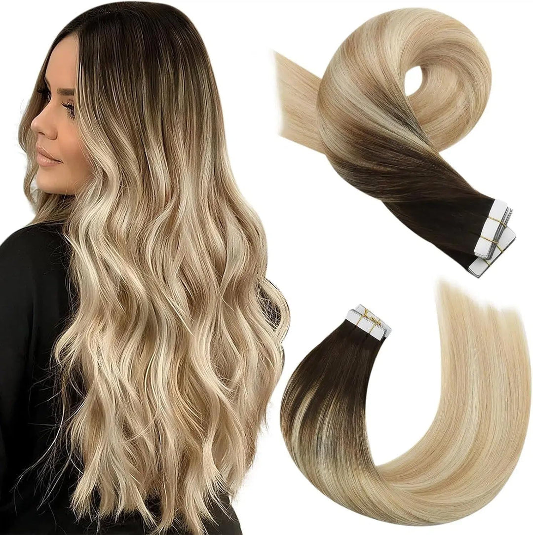 Moresoo Invisible Tape Extensions Blond Haarverlängerung Echthaar Tapes 35 cm Dunkelbraun bis Karame