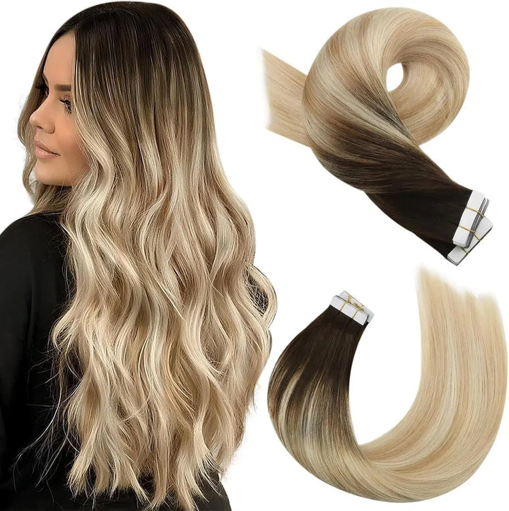 Moresoo Invisible Tape Extensions Blond Haarverlängerung Echthaar Tapes 35 cm Dunkelbraun bis Karame
