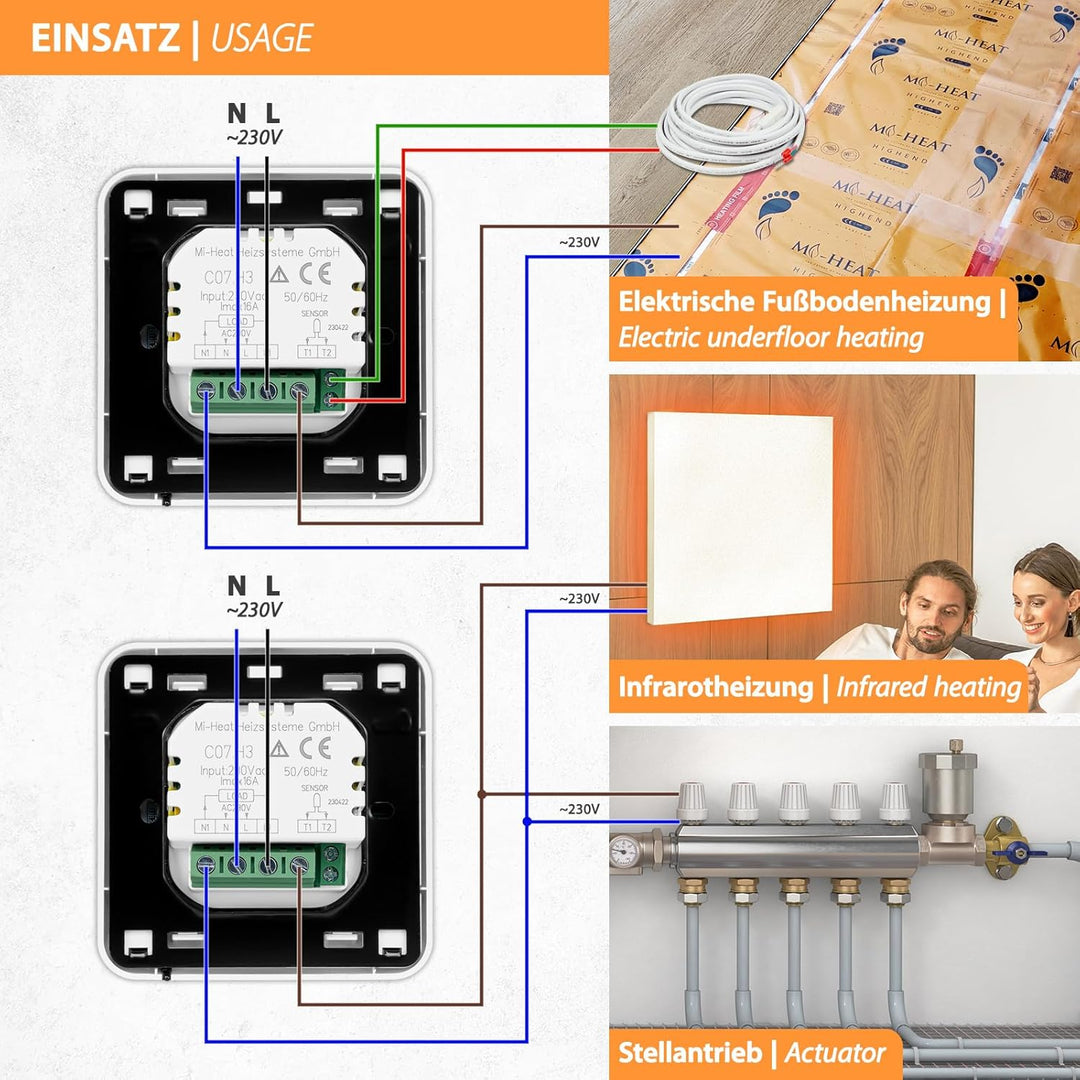 Digital Thermostat H3 + Touch-Screen Unterputz mit Fühler für Fussbodenheizung Weiss