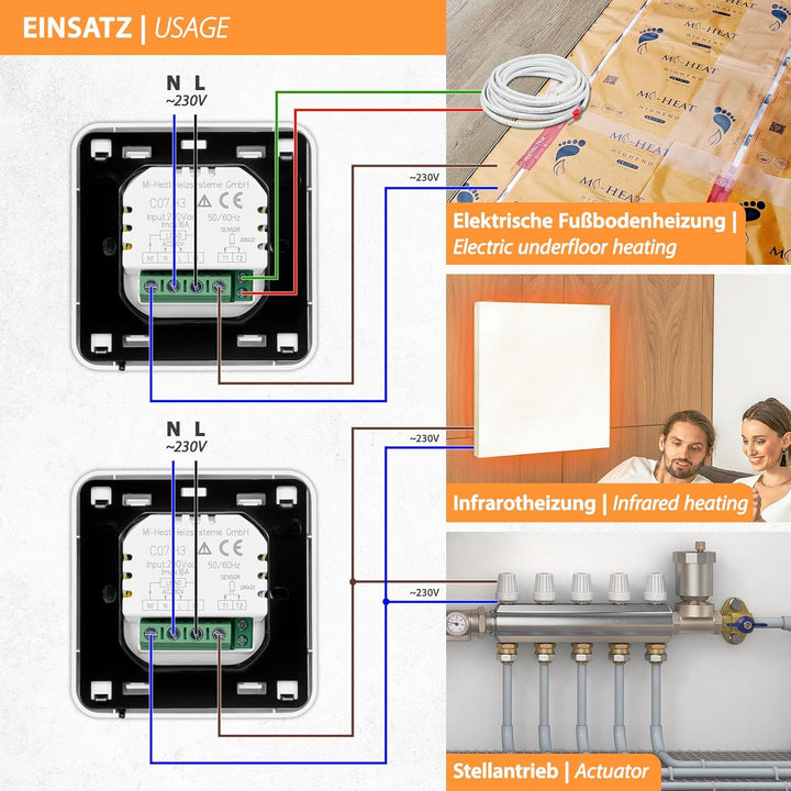 Digital Thermostat H3 + Touch-Screen Unterputz mit Fühler für Fussbodenheizung Weiss