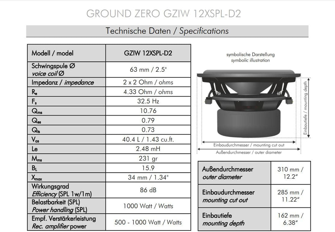 Ground Zero GZIW 12XSPL-D2 | 30 cm SPL Subwoofer