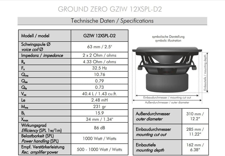 Ground Zero GZIW 12XSPL-D2 | 30 cm SPL Subwoofer