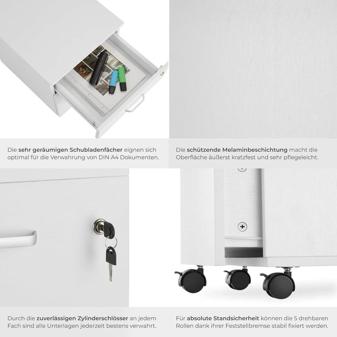 tectake® Rollcontainer mit Schubladen, Aktenschrank abschliessbar, Kommode mit Schubladen, Rollwagen