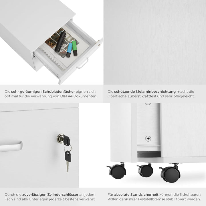 tectake® Rollcontainer mit Schubladen, Aktenschrank abschliessbar, Kommode mit Schubladen, Rollwagen