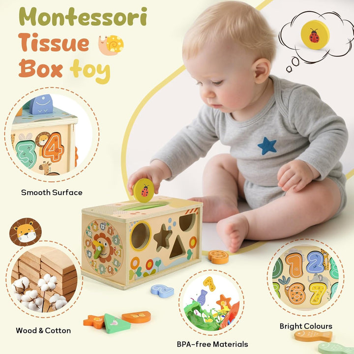 Montessori Spielzeug Baby ab 1 Jahr, 6 in 1 Tücherbox Montessori-Holzspielzeug mit Zahnrädern, Angel