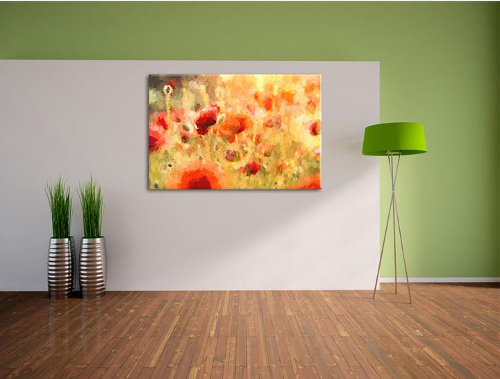 Mohnwiese Malerei Effekt, Format: 100x70 auf Leinwand, XXL riesige Bilder fertig gerahmt mit Keilrah