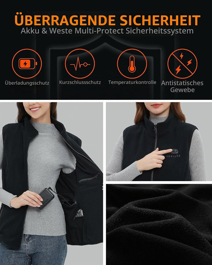HEWINZE Fleece Beheizbare Weste Herren - Wärme weste mit akku 7.4V, heizweste jagd 7.4v-(stil A)dame
