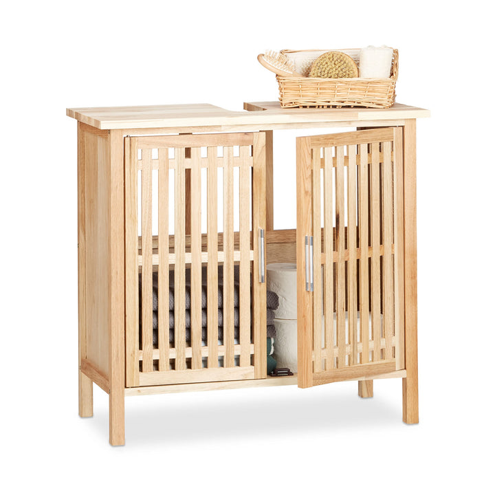 Relaxdays Waschbeckenunterschrank stehend, kleiner Unterschrank aus Walnuss, Badschrank mit Siphon-A