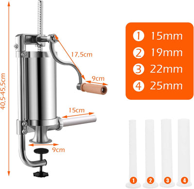 RELAX4LIFE Wurstpresse manuell 1,5 L, Wurstmaschine mit 4 Wurstfüllrohren, Wurstfüllmaschine aus Ede