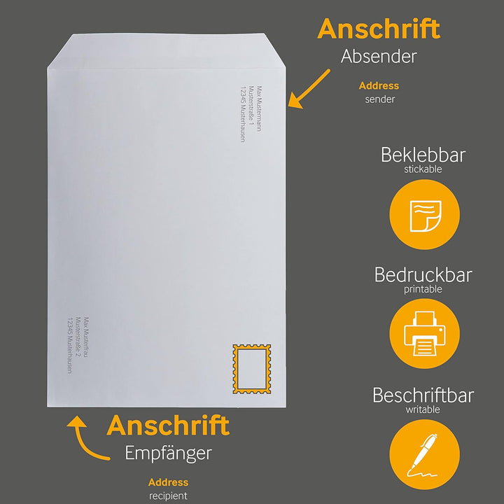 250 Stück, Versandtaschen, C4, ohne Fenster, weiss, Haftklebend, 229 x 324 mm, Briefumschläge, Kuver