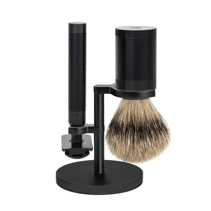 MÜHLE Rocca Rasierset - Silberspitz-Dachszupf Pinsel, Rasierhobel, Halter - mattschwarz Edelstahl mi