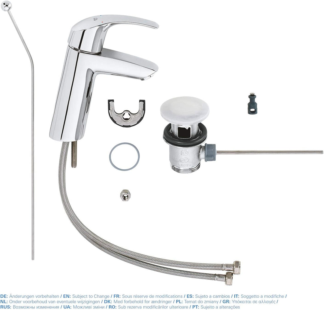 GROHE Eurosmart - Badarmatur Einhand- Waschtischarmatur (M- Auslauf, mit Zugstangen- Auslaufgarnitur