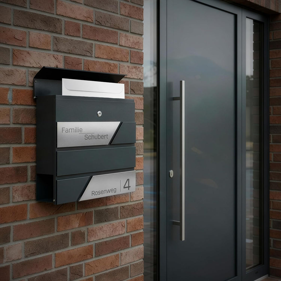 Grafner Premium Briefkasten personalisiert, RAL7016 mit Zeitungsfach und 2 Schlüssel, moderner Postk