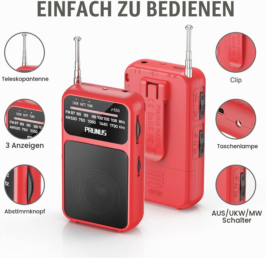 PRUNUS J-555 AM/FM/UKW Radio Klein, Kleines Radio mit Akku, USB-C-Laden, Mini Radio Batteriebetriebe