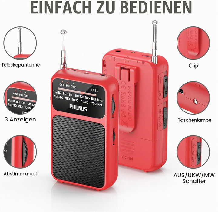 PRUNUS J-555 AM/FM/UKW Radio Klein, Kleines Radio mit Akku, USB-C-Laden, Mini Radio Batteriebetriebe