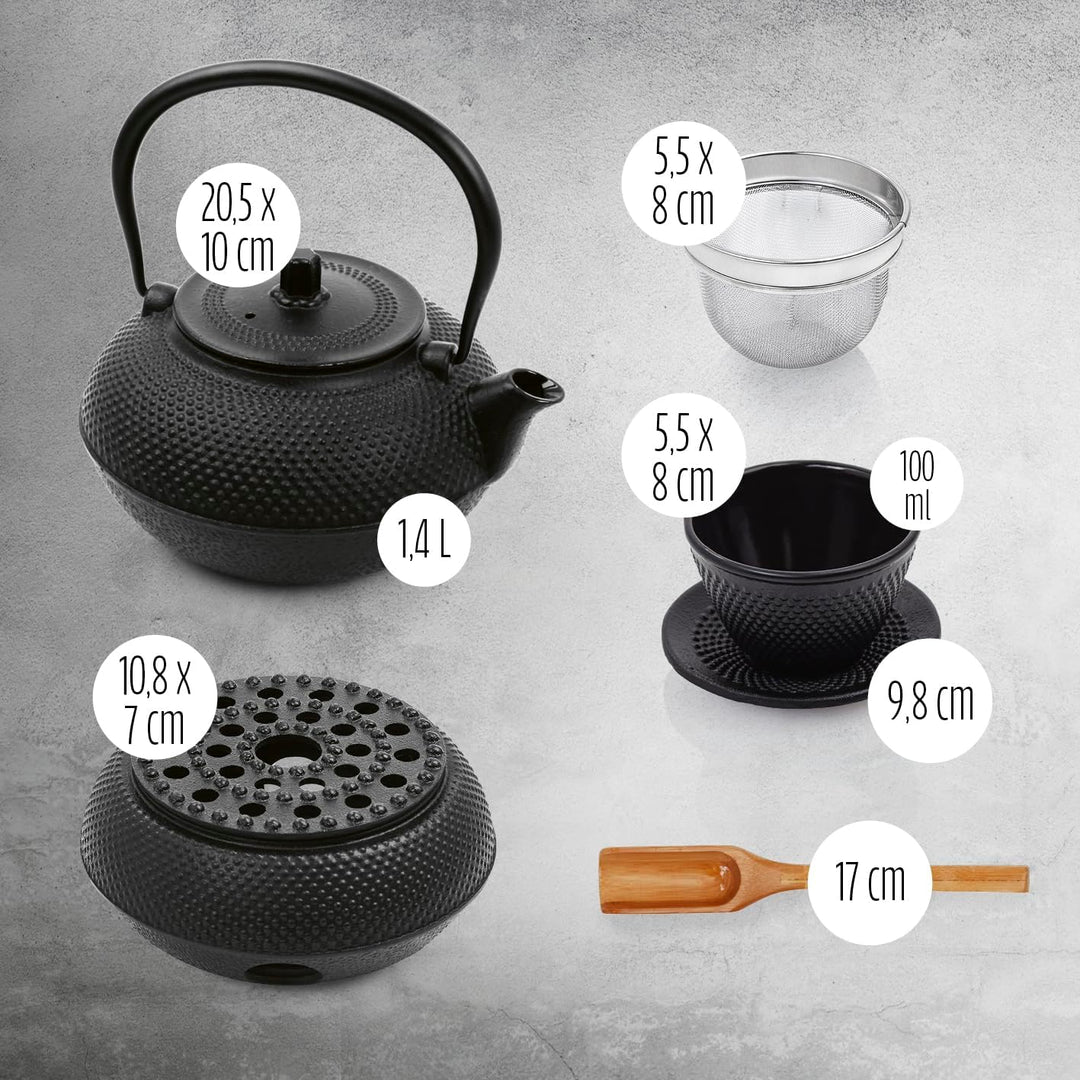 Lumaland Tee Set 8-teilig | 1,4 Liter Gusseiserne Teekanne Tetsubin | Stövchen aus Gusseisen | 2 Tee