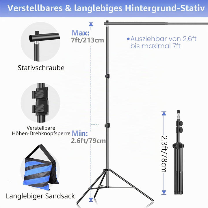 EMART Fotostudio Hintergrund Ständer Set mit Stoff, Hintergrundsystem 2m×3m mit Foto Hintergrund 1,8