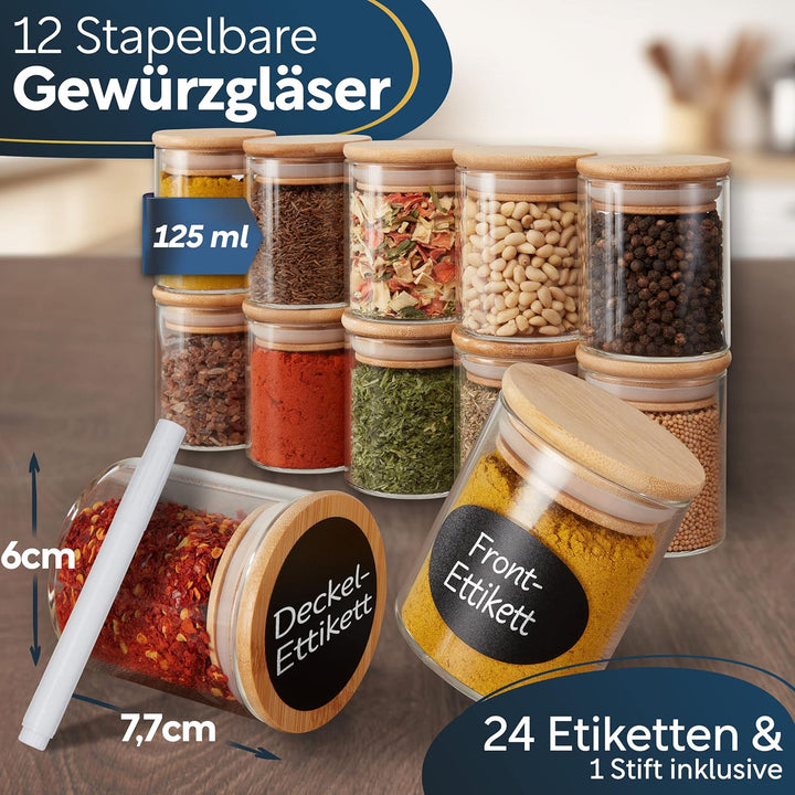 CLIDOR ® - runde Gewürzgläser - 12 x 125 ML ( innovative 3mm Glasdicke ) luftdichte Gewürzdosen - st