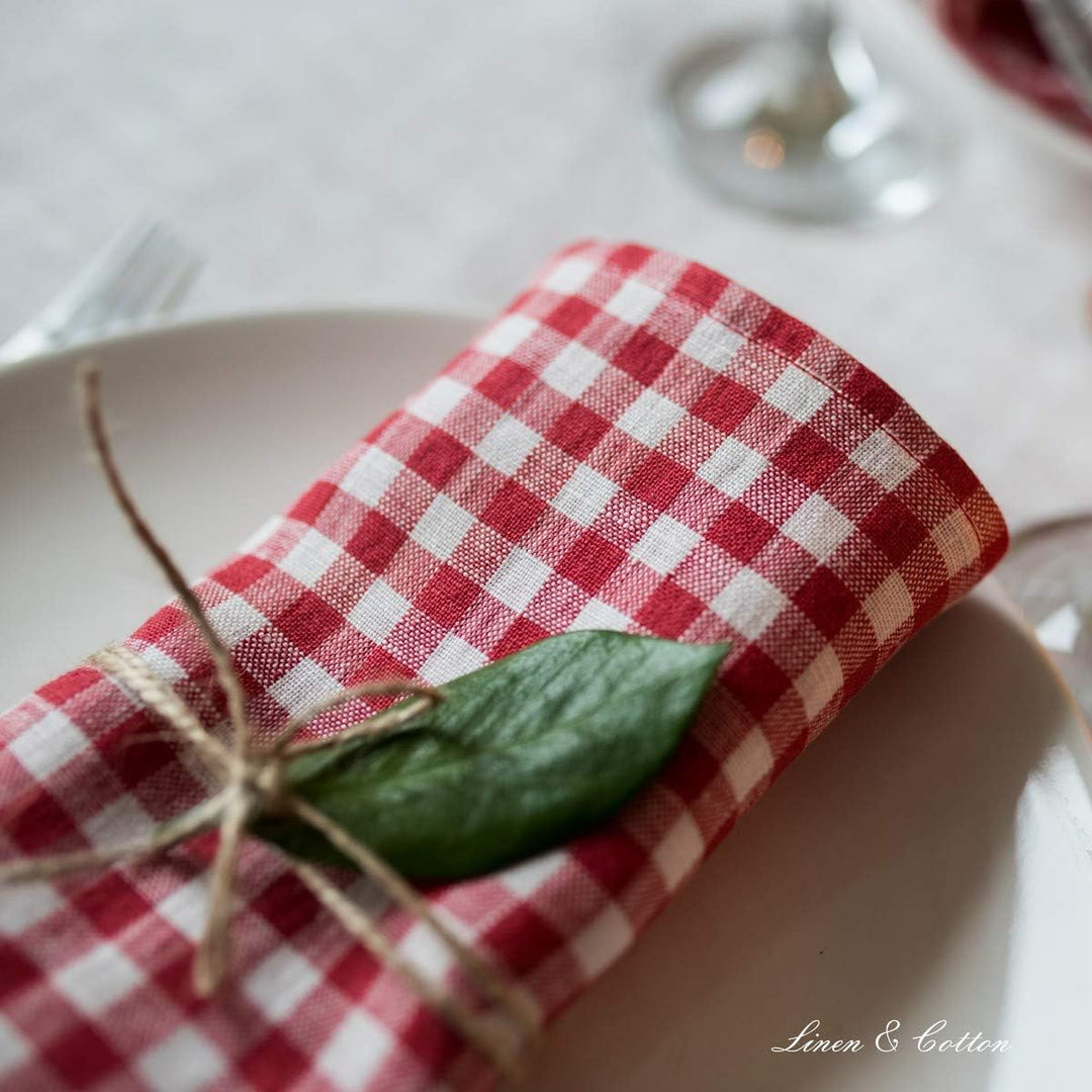 Linen & Cotton 4 x Stoffservietten Servietten Stoff Leinenservietten Kariert im Landhausstil Estella