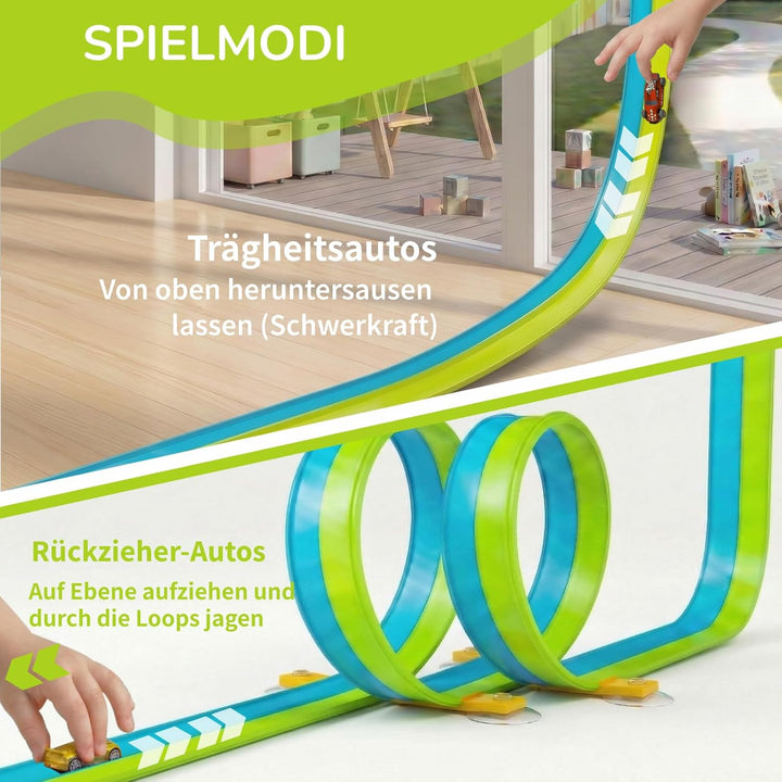 5M Flexible Autorennbahn Set mit 2 Loopings, 2-in-1 Rennbahn mit Autos & Tragtasche, Schwerkraft & P