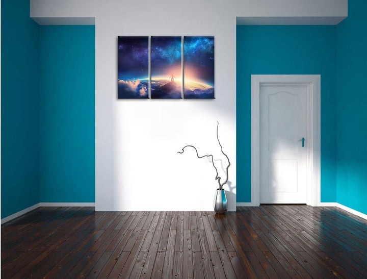 Pixxprint der Mann auf dem Berg als Leinwandbild/Grösse: 3 Teilig (120x80 cm) cm/Wandbild/Kunstdruck