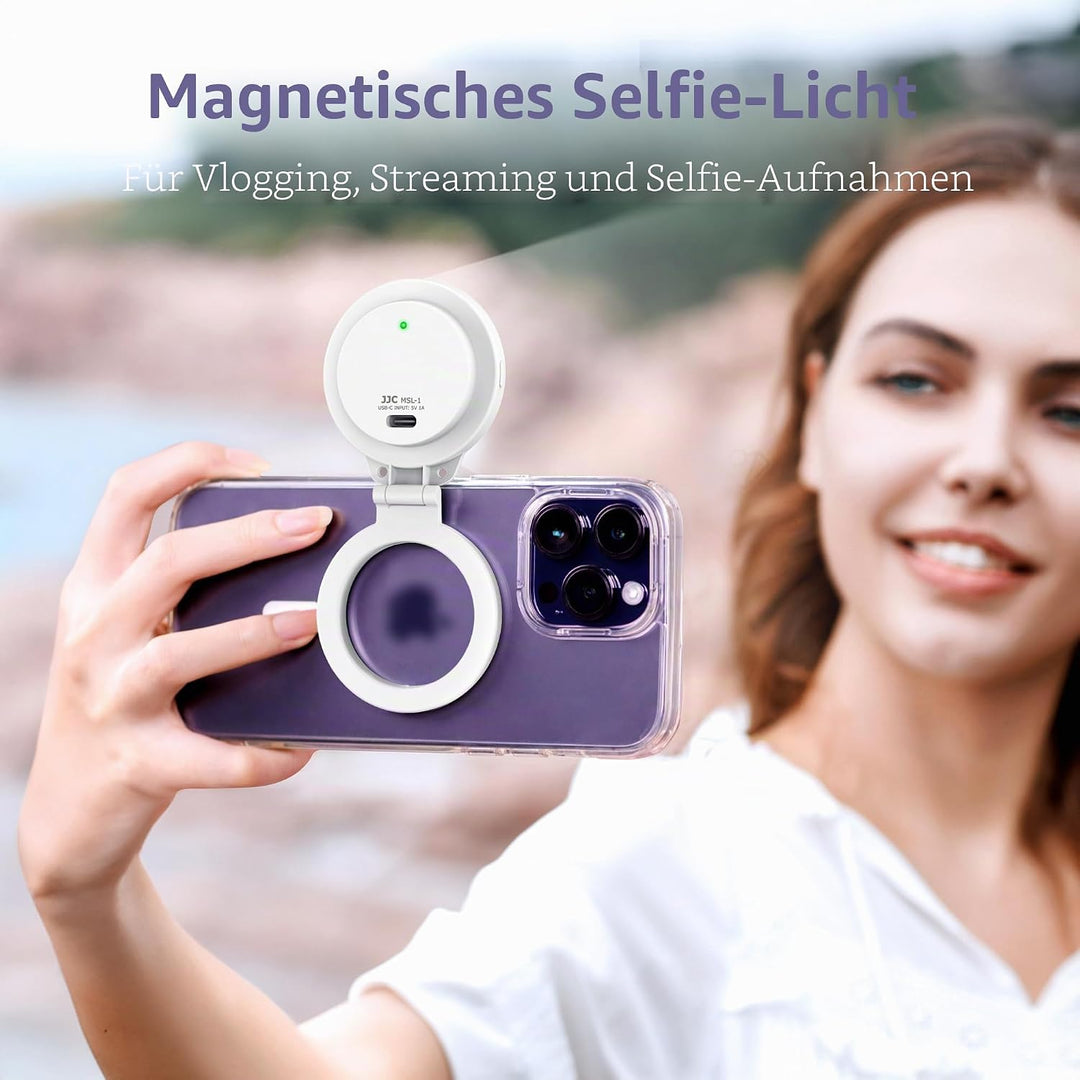 JJC Magnetisches LED-Selfie-Ringlicht Handy Selfie Mirror mit 3 Helligkeitseinstellungen – rastet au