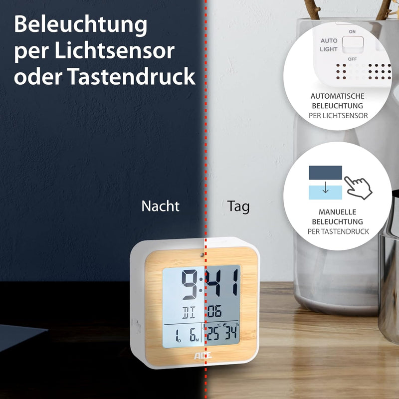 ADE Funkwecker digital mit Batterie | 2 Weckzeiten | Temperaturanzeige | Luftfeuchtigkeit | Gehäuse