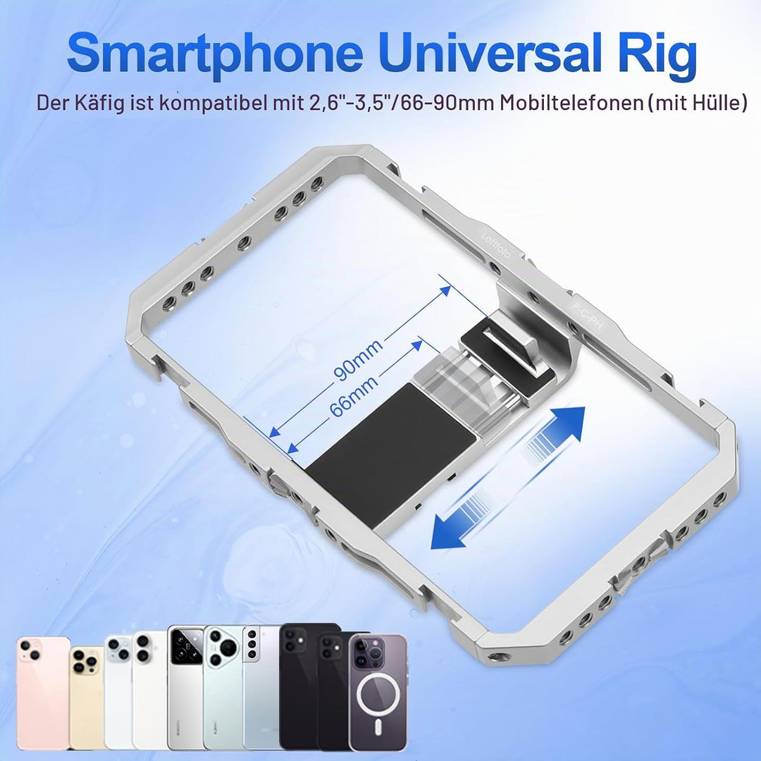 Leftfoto Universeller Aluminium-Stabilisator-Käfig, Smartphone-Video-Rig mit zwei Griffen für iPhone