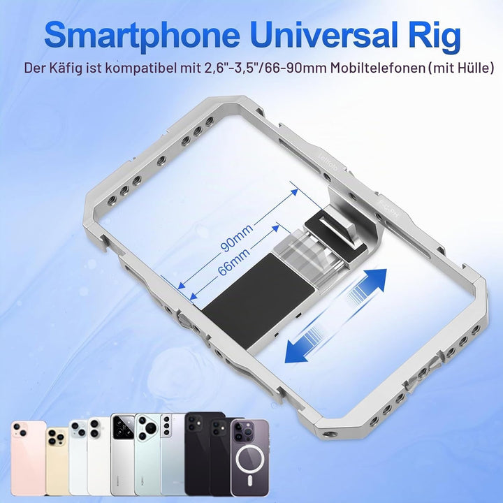 Leftfoto Universeller Aluminium-Stabilisator-Käfig, Smartphone-Video-Rig mit zwei Griffen für iPhone