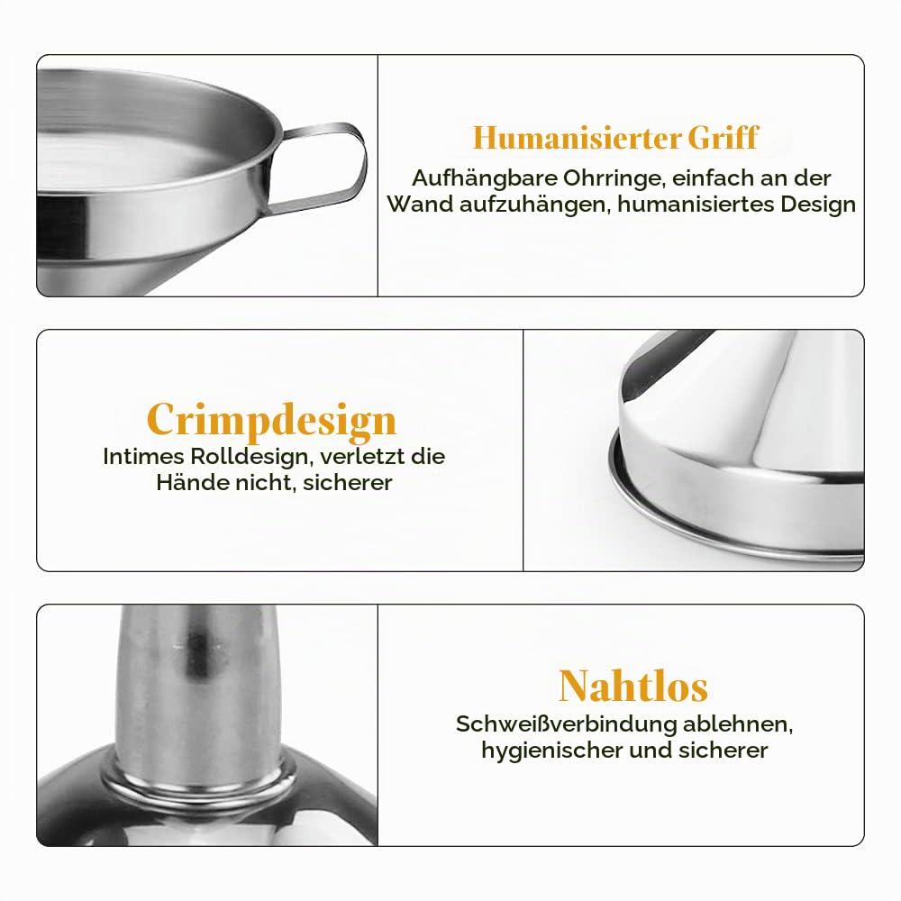 Trichter Edelstahl Set, 4 Stück Marmeladentrichter Einfülltrichter Trichter Set mit Griff und Glashe