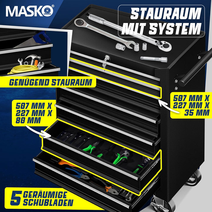 MASKO® Werkstattwagen - 7 Schubladen, schwarz | Abschliessbar | Massives Metall | Mobiler Werkzeug-W