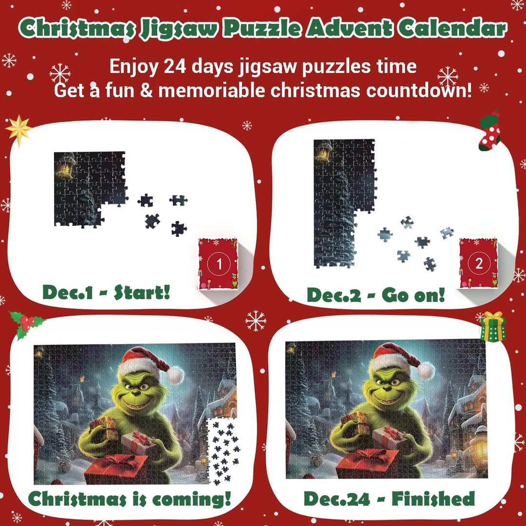 Adventskalender Grinch Puzzles für Kinder und Erwachsene, 24er-Box mit 1008 Teilen, Weihnachtspuzzle