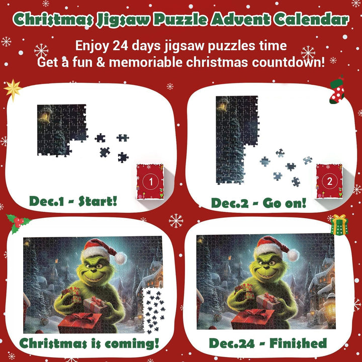 Adventskalender Grinch Puzzles für Kinder und Erwachsene, 24er-Box mit 1008 Teilen, Weihnachtspuzzle