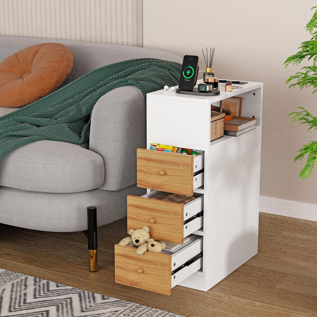 PIPIPOXER Nachttisch schmal, Nachttisch mit Steckdose & USB, Nachtschrank mit 3 Schublade, 1 Offenen