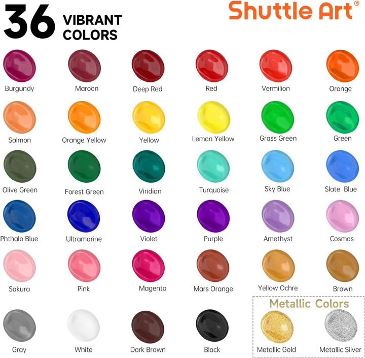 Shuttle Art Acrylfarben Set, 36 Acryl farben in Flaschen (je 60ml) mit 12 Pinselset & 1 Palette, ung