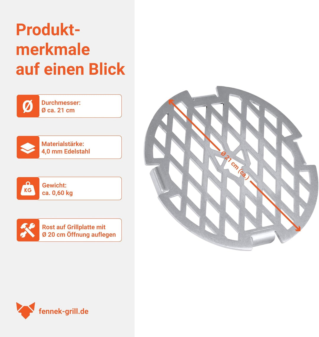 FENNEK Grillrost für Wok Aufsatz und Feuerplatte mit Loch Ø 20 cm | aus massivem 4,0 mm Edelstahl |