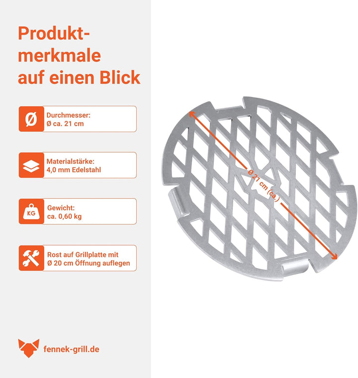 FENNEK Grillrost für Wok Aufsatz und Feuerplatte mit Loch Ø 20 cm | aus massivem 4,0 mm Edelstahl |