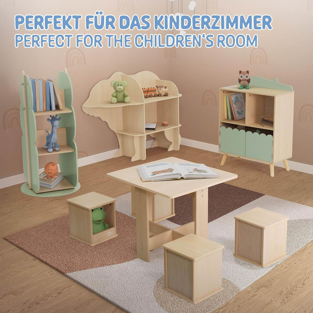 Joyz Bücherregal Kinder Baum-Form, Ø 48 x 96 cm, Grün-Natur, 2 Seitiges Kinderregal aus Holz mit 5 R