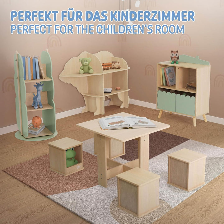 Joyz Bücherregal Kinder Baum-Form, Ø 48 x 96 cm, Grün-Natur, 2 Seitiges Kinderregal aus Holz mit 5 R