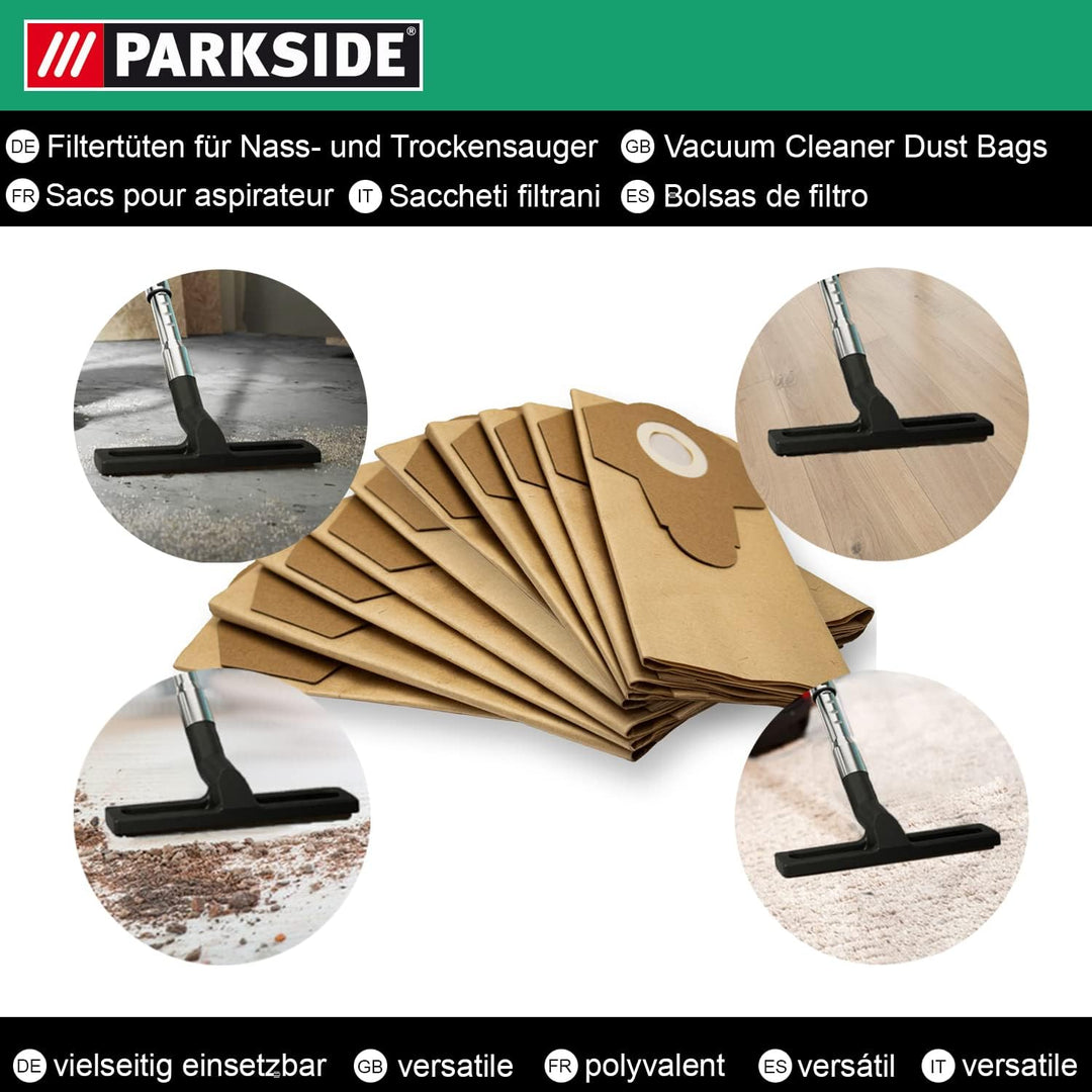 10 Original Parkside Lidl Staubsaugerbeutel für Nass-Trocken-Sauger PNTS 1250, 1250/9, PNTS 1300 A1,