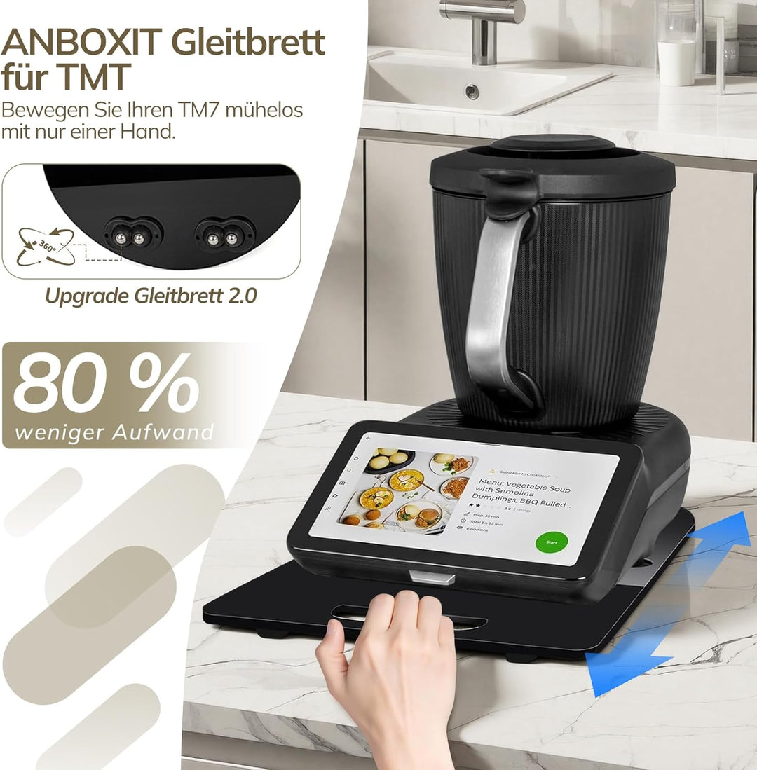Gleitbrett TM7 für Thermomix, Brett für Thermomix mit 360° Rollen, Stopper & Gummifüssen, Müheloses