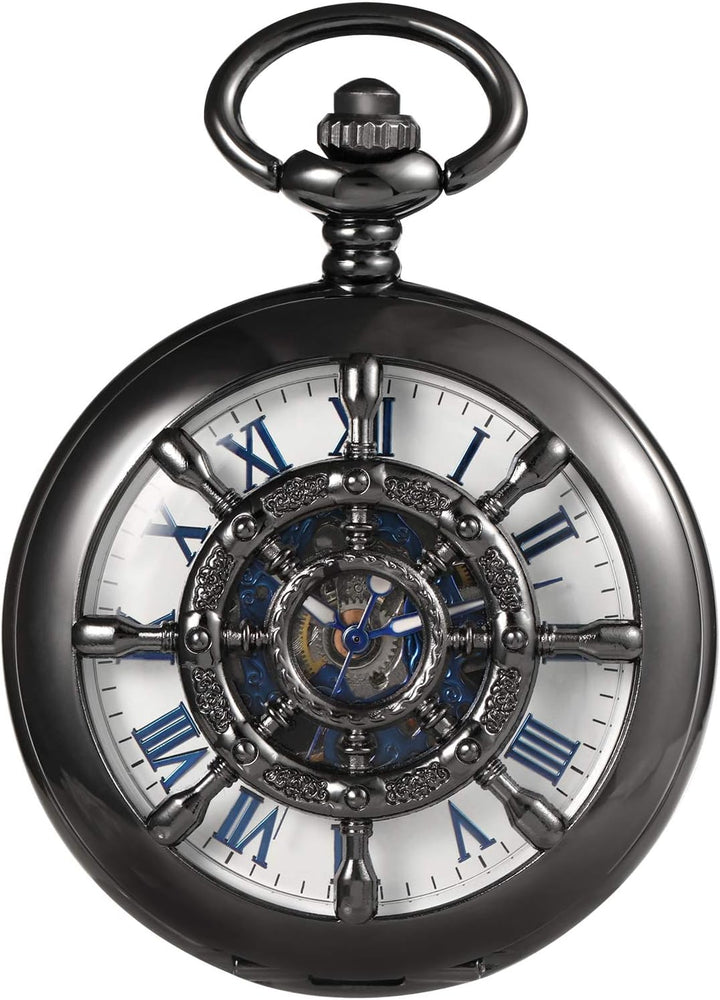 TREEWETO Unisex Taschenuhr mit Kette Analog Mechanisch Handaufzug Doppelscharnier Ruder Skelett Für