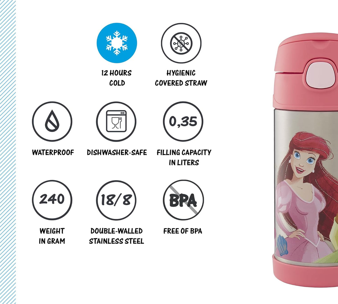 Thermos kids FUNTAINER STRAW BOTTLE DISNEY 0,35 l, Princesses, Thermoflasche Kinder aus Edelstahl mi