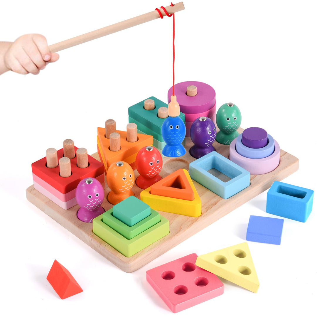 Hoiloie Montessori Spielzeug ab 1 Jahr,holzspielzeug&amp;Stapelspielzeug,3 in 1 Farbe Erkennung Form Sor
